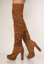 Over the knee blue winter boots for women. Sexy Camel Floral Platform Chunky High Heels Thigh High Boots Faux Suede