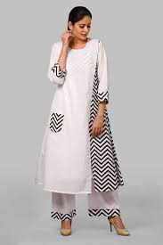 Black And White Attire For Ladies Black White Zig Zag Overlapped Kurti With Straight Palazzo Kurti Designs Blouse Designs Clothes Design