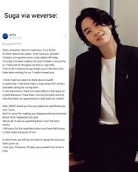 Suga: Hello everyone, it's good to see you. This is Suga. . It's been about  two years. How have you all been? As of today, I have been discharged from  the military