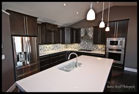 Dark Stained Maple Cabinets White Quartz Counters C W Glass Mosaic Backsplash Kitchen Remodel White Quartz Counter Home