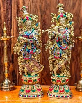 Traditional brass crafts and festive lamps near temple markets, AI generated