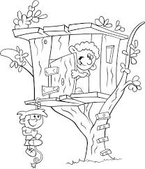 Tall fairy house with a terrace and trees. Tree House Coloring Pages