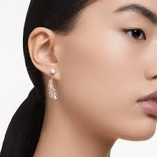 Khuyên tai Swarovski lông vũ mix trai vàng hồng