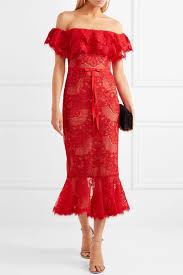 Marchesa Notte Off The Shoulder Ruffled Corded Lace Midi Dress Net A Porter Com Red Midi Dress Evening Dresses Plus Size Cocktail Dress Lace