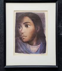 Vintage Lápiz firmado litografía de una mujer joven