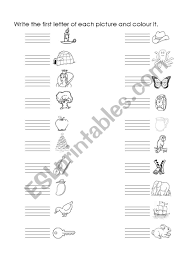 Cut out the letter squares in the words happy spring. rearrange the letters to make new words. Write First Letter Of Each Picture Esl Worksheet By Ejrb