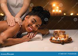 Happy Black Woman Getting Healing Body Massage at Spa Stock Photo - Image  of hand, female: 186821354