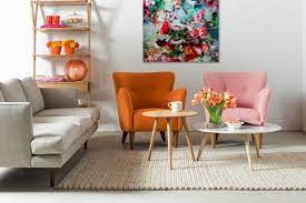 Retro Mid Century Modern Living Room Orange Armchair Pink Armchair Grey Sectional Living Room Orange Center Table Living Room Mid Century Modern Living Room