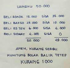 Boy punya uang 50.000 debit beli roti 20.000 sisal 30.000 beli jus 15.000 sisal 15.000 beli minum 9.000 sisa 6.000, beli kue 6.000 sisa total 50.000 51.000 saldo kredit kenapa ada beda 1.000 ada yang bisa jawab??? 15 Teka Teki Uang 50000 Jadi 49000 Evofff Lol