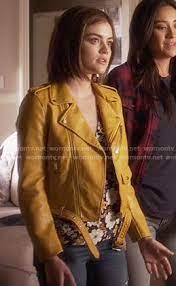 Aria S Floral Top And Yellow Leather Jacket On Pretty Little Liars Pretty Little Liars Outfits Pretty Little Liars Fashion Pretty Little Liars