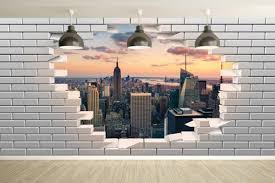 Papier Peint Trompe L Oeil Mur De Briques Casse Avec Vue Sur New York Deco Chambre Ados Papier Peint Deco Chambre