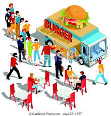 How to qualify to lease a food truck. Vector Isometric Illustration People Order And Buy Food And Drink In A Hamburger Food Truck Street Fast Food Canstock