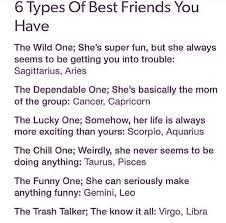 Though we don't think of friendships as there's no denying that some signs are destined to be besties with someone based on their zodiac sign. 6 Types Of Best Friends You Have In The Zodiac Signs Zodiac Signs Funny Zodiac Signs Zodiac Funny