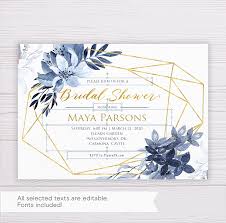 Save the dates and rsvp cards. Blue Flowers With Gold Frame Bridal Shower Invitation Template Dgtally