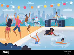 People dance in pool party vector illustration. Cartoon happy man woman  dancer characters dancing, jumping in water resort swimming pool, have fun  in tropical music beach cocktail party background Stock Vector Image