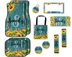 Yellow and black package size: Sunflower On Teal Wood Car Accessories Have Faith Boutique