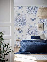 Floral Motivies And Butterflies Removable Wallpaper Blue And Etsy Removable Wallpaper Traditional Wallpaper How To Install Wallpaper