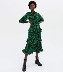 Green Zebra Print Frill Tie High Neck Midi Dress New Look