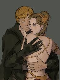 2sunoftatooine, luke skywalker, princess leia, star wars, star wars: return  of the jedi, highres, 1boy, 1girl, animification, back, blonde hair, brother  and sister, brown hair, closed eyes, earrings, gloves, grey background, hug,