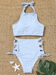 Side Lace Up Striped High Waisted Bikini Light Blue Aff Striped High Side Lace Li High Waisted Bikini Light Blue Swimsuits Swimsuits High Waisted