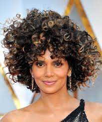 Everyone remembers that breathtaking halle berry short curly hair look she showed up with at the oscar ceremony. Halle Berry Medium Curly Black Afro Hairstyle With Layered Bangs And Dark Blonde Highlights