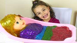 So i finally took a slime bath with my sunshine made slime to give a nice bath for baby alive doll toy. Learn Colors With Baby Doll Toy And Color Glitter Slime Bath Youtube