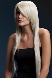 The hair is a little longer at the front than the back and it has short bangs that are slightly swept to one side. Very Long Straight Wig Amber With Side Swept Fringe In Blonde