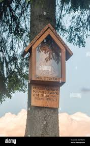 A chapel on a tree with a statue of the Virgin Mary with inscription  Inscription, Mother divinely from Trzycatek, pray for us Stock Photo - Alamy
