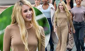 Emma Roberts shows off fit figure in nude dress as while filming AHS in New  York City 