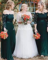 2019 Hunter Green Bridesmaid Dresses Off Shoulder Long Sleeve Lace Floor Length Chiffon Garden Country Beach Plus Size Wedding Guest Gowns Bridesmaid Dress Sale Emerald Green Bridesmaid Dresses Green Bridesmaid Dresses
