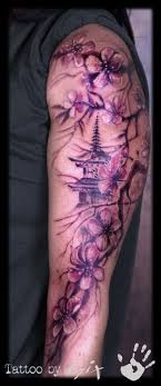Cherry Blossom Free Hand Temple Japanese Woman Tattoo Sleeve Tattoos For Women Blossom Tattoo Tattoos For Women Half Sleeve