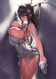 asanagi, indomitable (azur lane), azur lane, wall, highres, 1girl, antlers,  ass, backlighting, bare shoulders, black hair, breasts, butt crack,  cleavage, dress, flower, gloves, green eyes, hair flower, hair ornament,  huge breasts, inconvenient