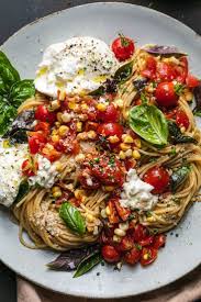 Double Tomato And Corn Bruschetta Pasta With Burrata Summer Recipes Dinner Recipes Vegetarian Recipes