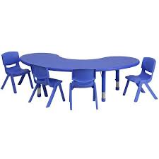 Flash Furniture Yu Ycx 0043 2 Moon Tbl Blue E Gg 65 X 35 Blue Plastic Half Moon Adjustable Height Activity Table With 4 Chairs Activity Table Flash Furniture Table And Chair Sets