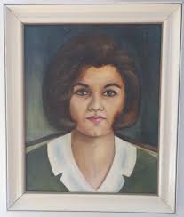 Vintage Midcentury WOMAN , Brown Hair GREEN Dress , Oil Portrait Painting,  Framed, 1960s, 19 3/4 X 24 In.