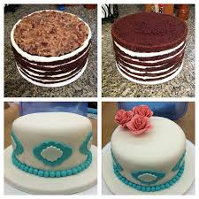 German Chocolate Cake W Caramel Buttercream Covered In Fondant And Large Gumpaste Roses My First Fondant Chocolate Fondant Cake Cake Mix Donuts Cupcake Cakes