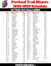 Printable 2018 2019 Portland Trail Blazers Schedule Nba Schedule Toronto Raptors Atlanta Hawks