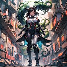 动漫女孩在一个未来城市与触手- SeaArt AI