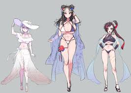 jack the ripper (shuumatsu no valkyrie), qin shi huang (shuumatsu no  valkyrie), raiden tameemon (shuumatsu no valkyrie), shuumatsu no valkyrie,  ornament, artist request, highres, source request, 3girls, abs, bikini,  blue eyes, breasts,