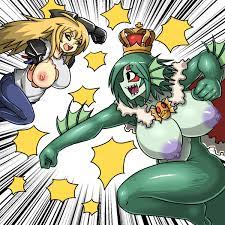 2girls areola breasts busty catfight cleavage cyborg deep sea king  dr.bug exposed breasts female fighting genos green hair green skin large  breasts long hair monster girl nipples one-punch man