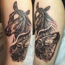 Bernard K On Instagram Fun Tattoo Of The Day Animaltattoo Blackandgrey Realistictattoo Horsetattoo Wol Horse Tattoo Tattoos Native American Wolf Tattoo