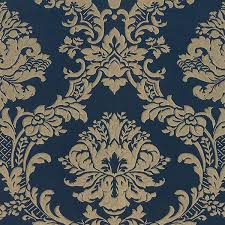 Black And Gold Baroque Wallpaper Dramatic Gold Damask On Navy Blue Wallpaper Damask Wallpaper Gold Damask Wallpaper Victorian Wallpaper