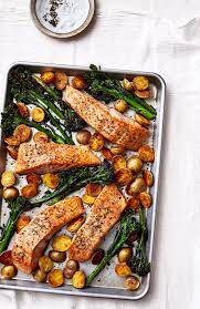 Sheet Pan Salmon With Potatoes And Broccolini Recipe Recipe Veggie Dinner Recipes Salmon Recipes