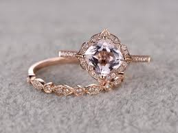 2pcs Morganite Bridal Ring Set Engagement Ring Art Deco Diamond Wedding Band Morganite Wedding Rings Wedding Rings Vintage Rose Engagement Ring