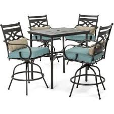 Hanover Montclair 5 Piece Steel Outdoor Bar Height Dining Set With Ocean Blue Cushions Swivel Chairs And A 33 In Dining Table Mclrdn5pcbr Blu The Home Depot Counter Height Dining Table Outdoor Furniture