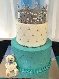 Blue White And Silver Baby Shower Cake With Fondant Handmade Crown And Teddy Bear Baby Shower Cakes Shower Cakes Baby Shower