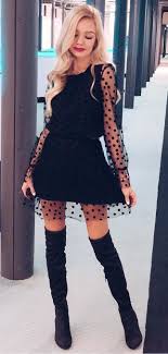 Winter Outfits Black Long Sleeve Short Dress With Pair Of Black Thigh High Boots Long Sleeve Short Dress Short Black Dress Long Sleeves Short Dresses