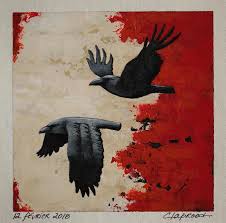 Black Birds In Painting Raven Painting Couple Of Black Birds 2 Crows Flying Small Etsy Painting Black Wall Art Black Bird