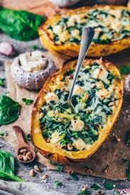 Spinach Stuffed Spaghetti Squash Recipe Spaghetti Squash Spaghetti Squash Recipes Vegan Feta Recipes