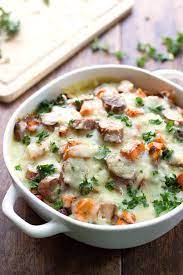 Sweet Potato Kale And Sausage Bake With White Cheese Sauce Pinch Of Yum Recipe Cooking Recipes Pork Recipes Recipes